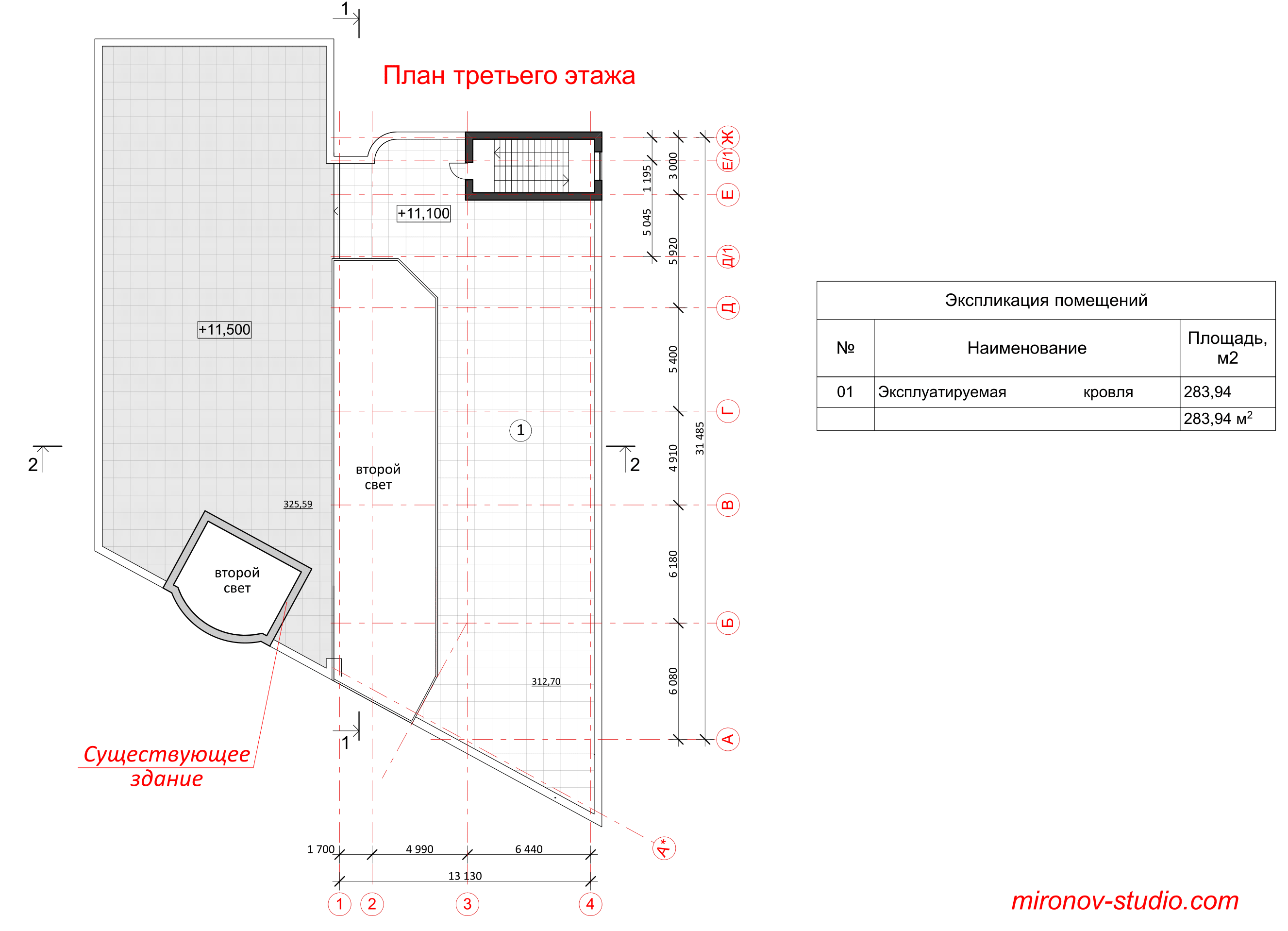 Проект отеля с магазином, план кровли третьего этажа