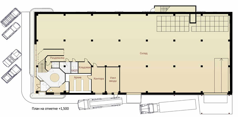 Проект офиса компании United Trading System, план первого этажа и склада