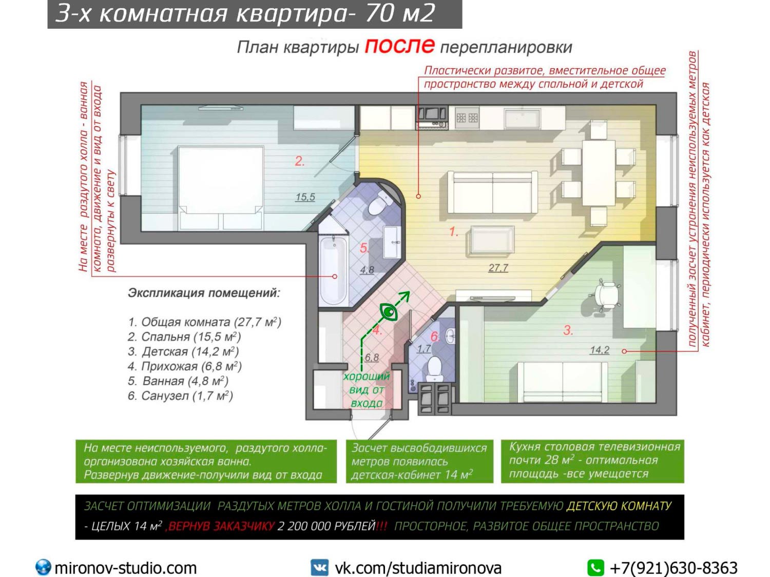 План 3-комнатной квартиры после перепланировки