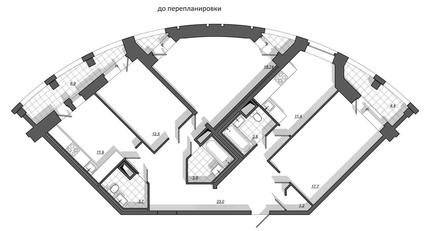 План до перепланировки, шеф-квартира 109м, жк Приморский квартал