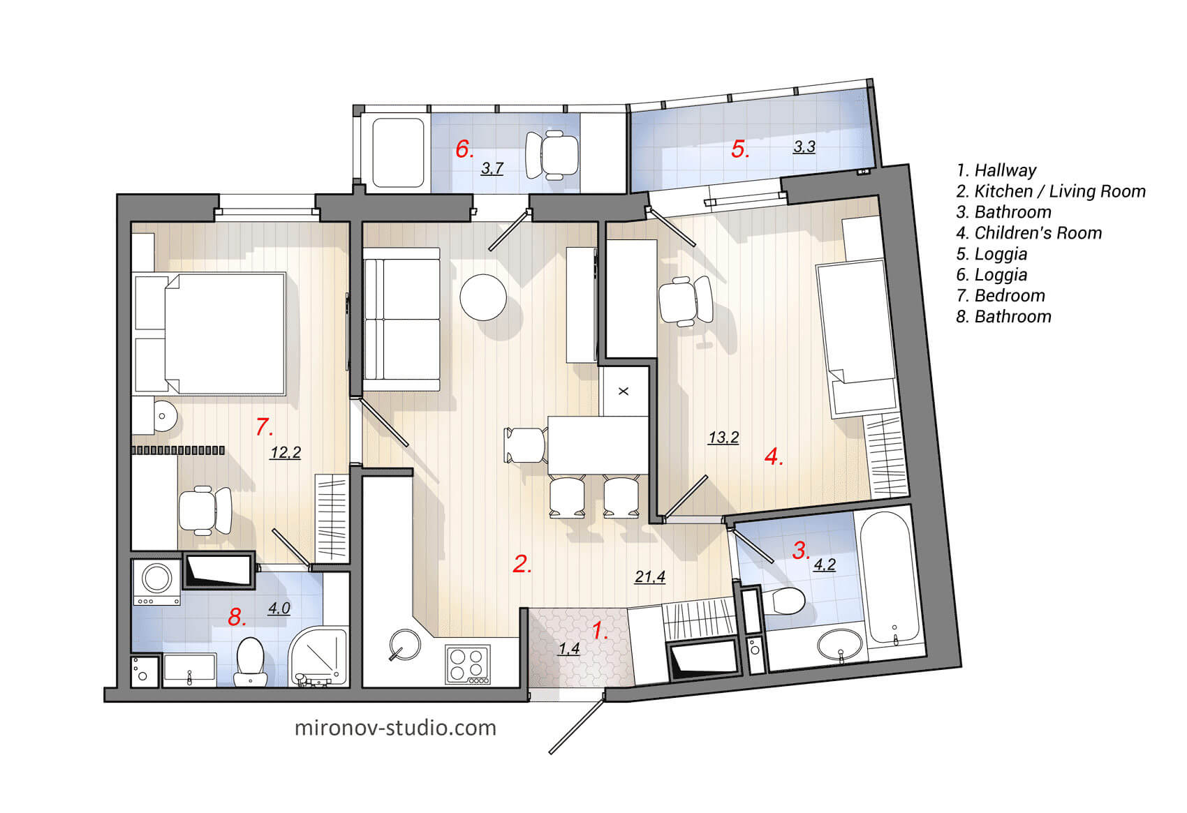 Layout of a two-bedroom apartment 64 m²