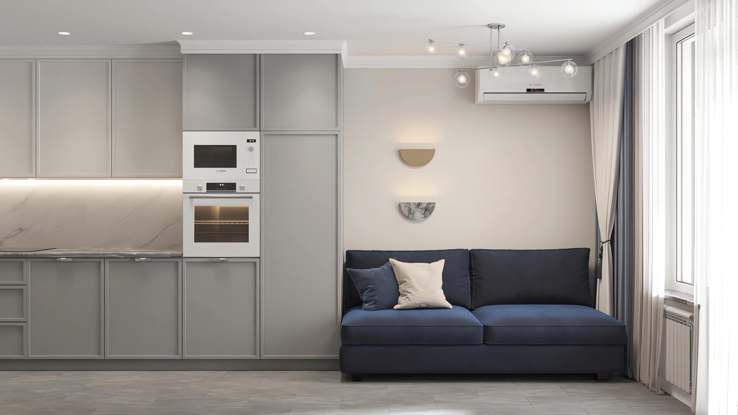 Дизайн интерьера кухни гостиной в классическом стиле, евродвушка 38 м2