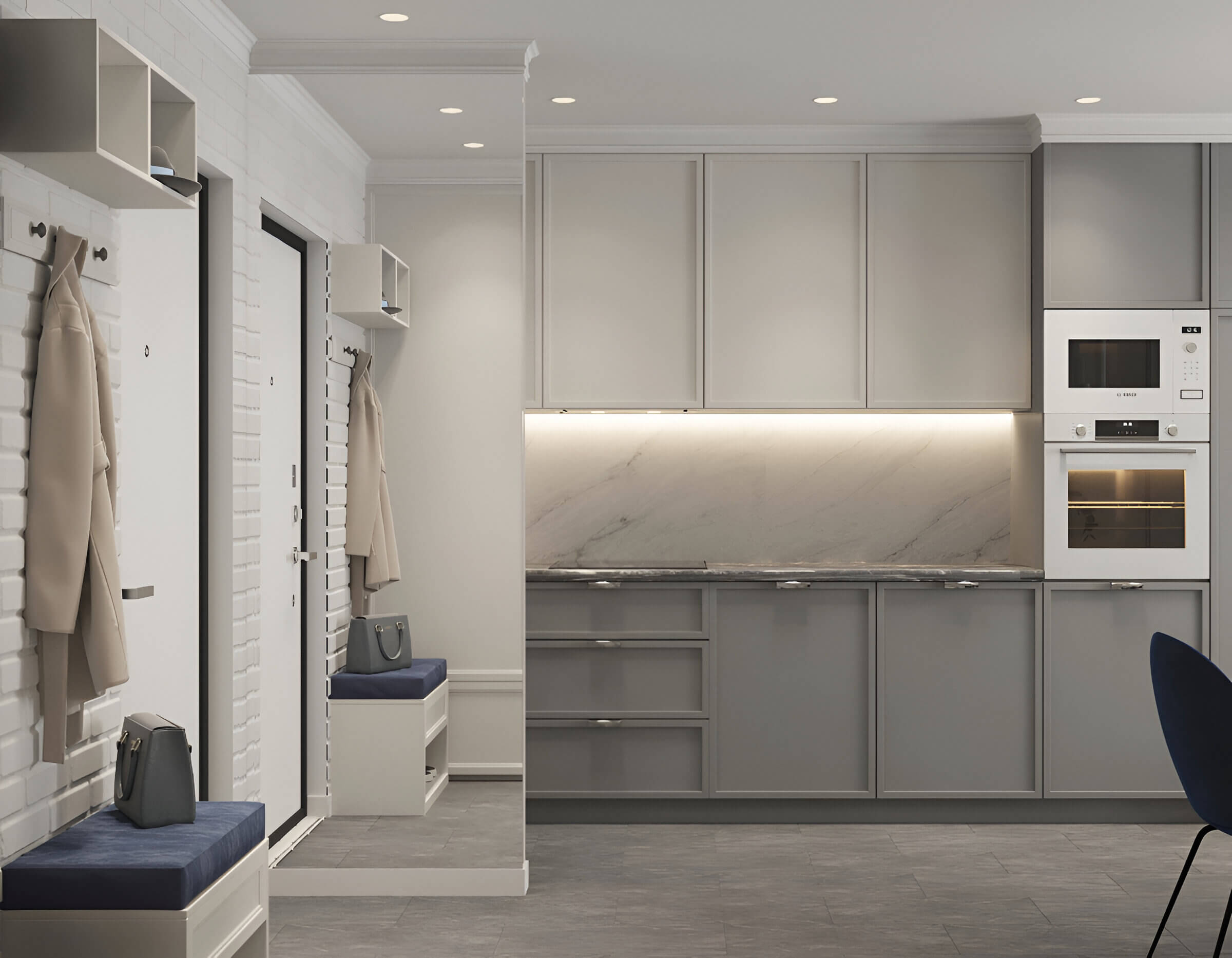 Дизайн интерьера кухни и прихожей в 2-комнатной Евро 2 38 м2