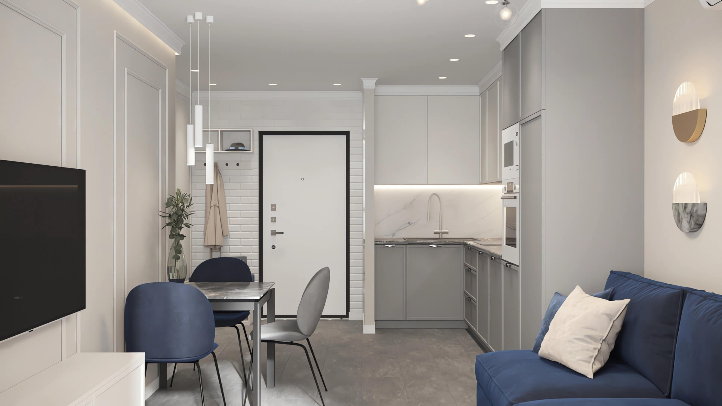 Дизайн интерьера гостиной в стиле новая классика, евродвушка 38 м2