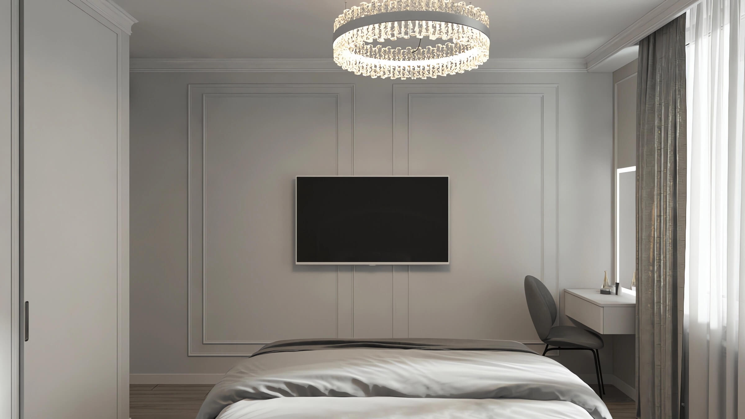 Интерьер спальни в неоклассическом стиле. Евродвушка 38 кв м в Приморском квартале, СПб