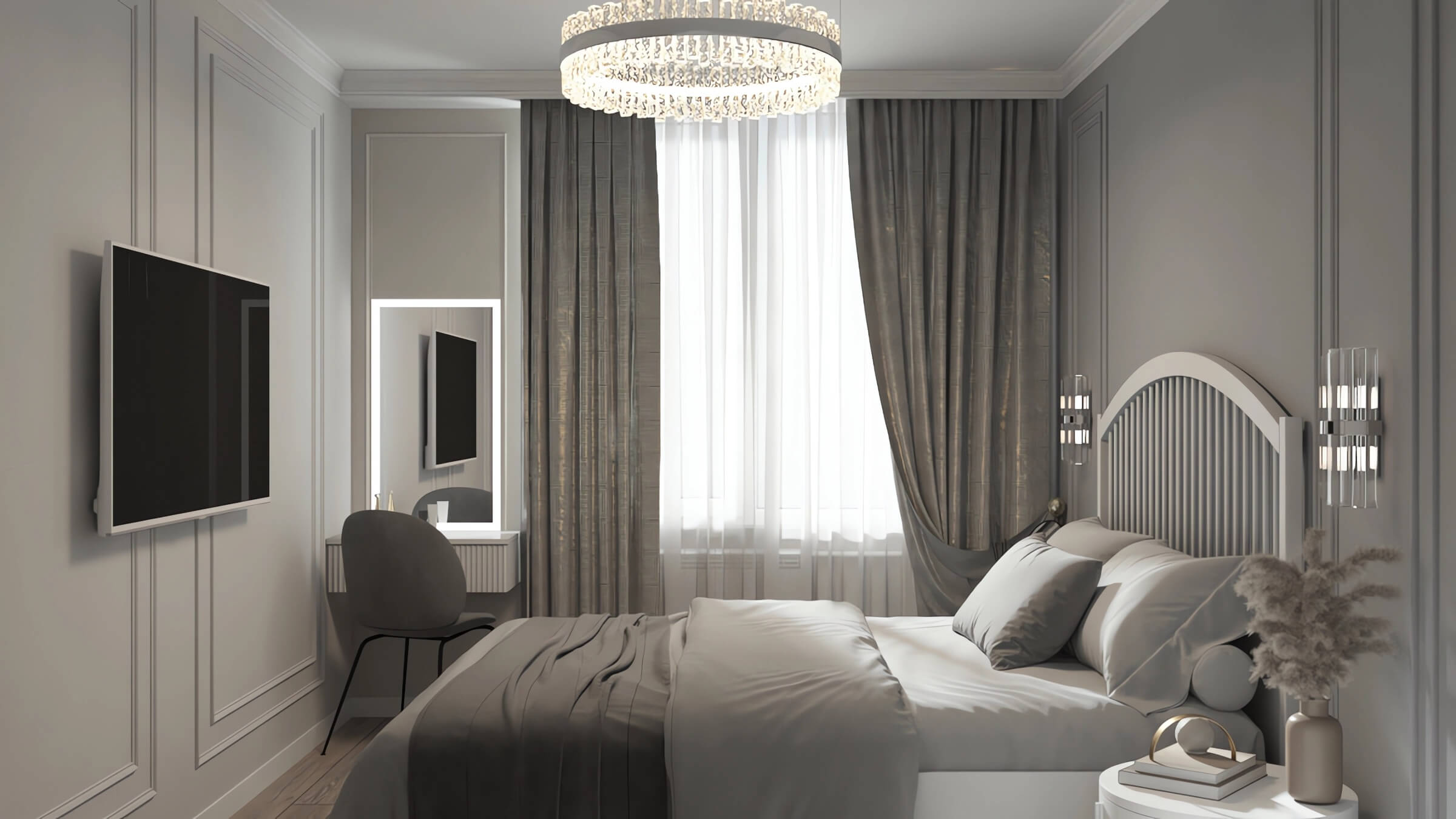 Дизайн спальни в неоклассическом стиле, 2-комнатная квартира евро 2 38 кв м