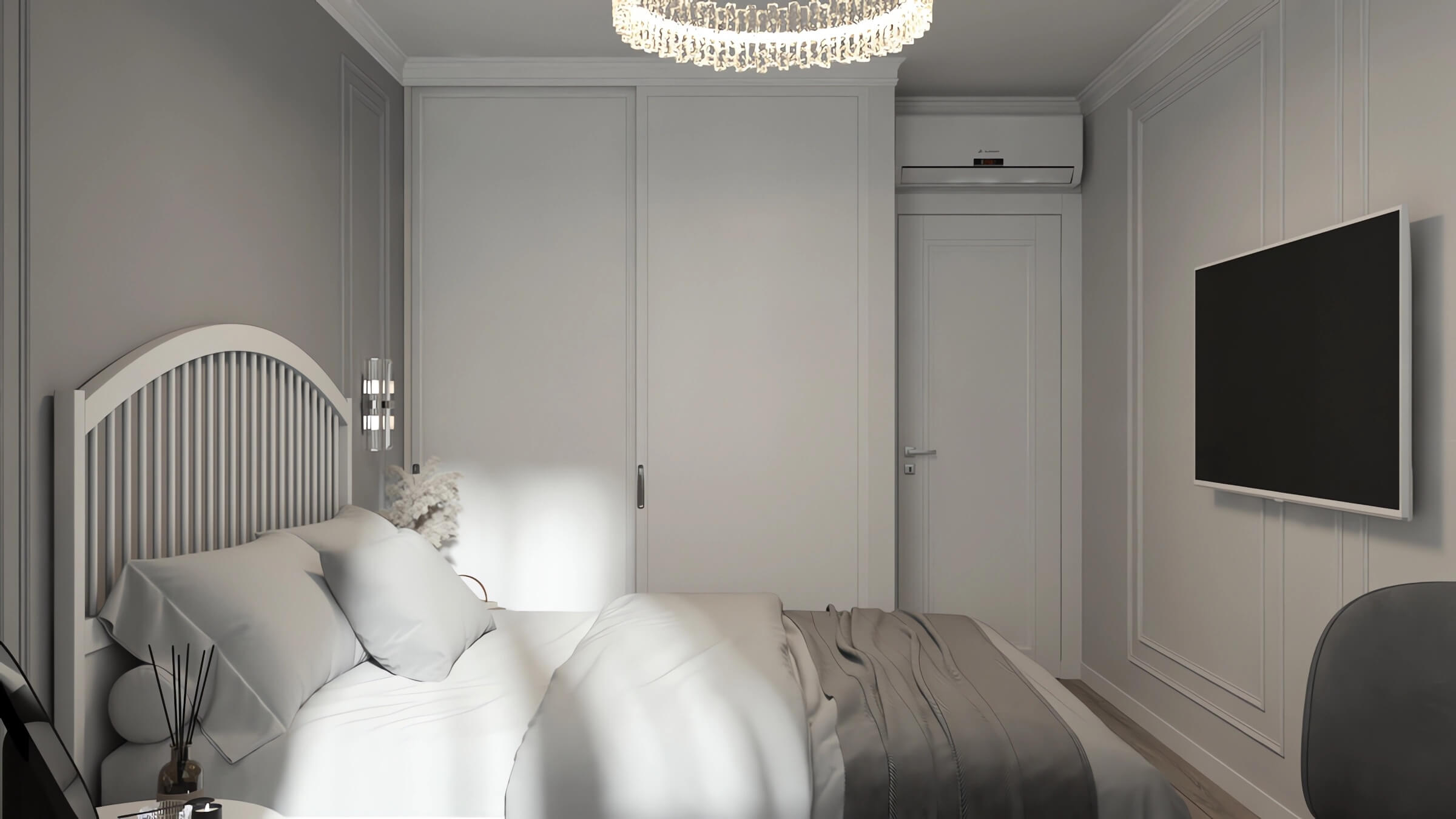 Modern classic bedroom interior, bed, built-in wardrobe