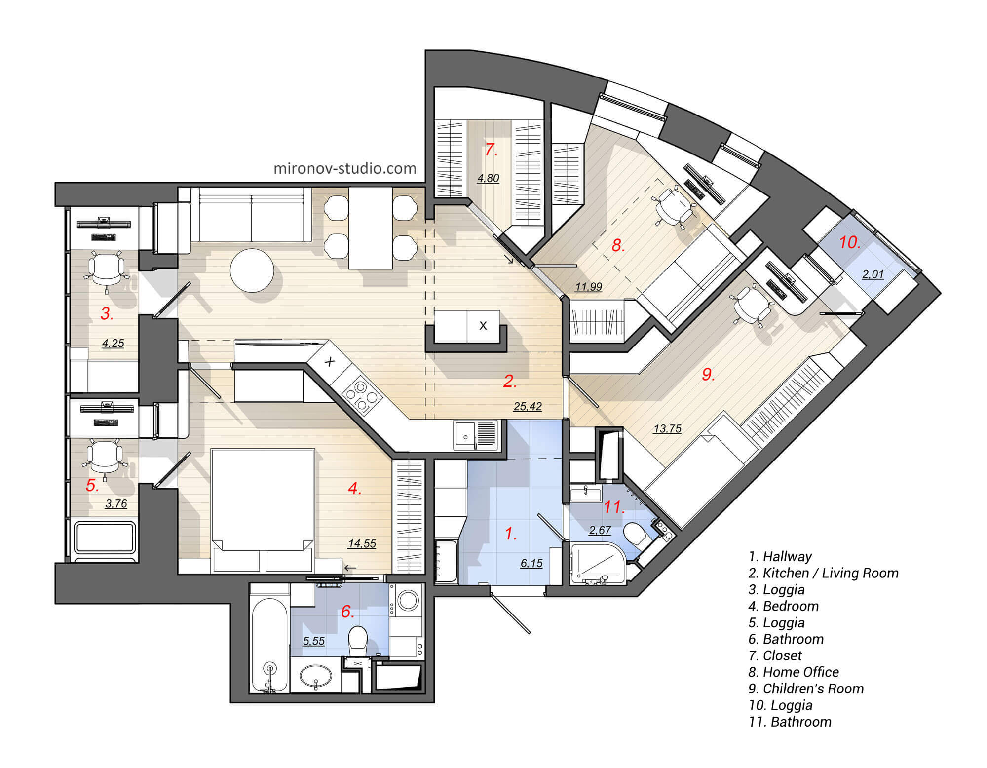 Floor Plan, Layout of a three-bedroom apartment 92 m², 990 sq ft