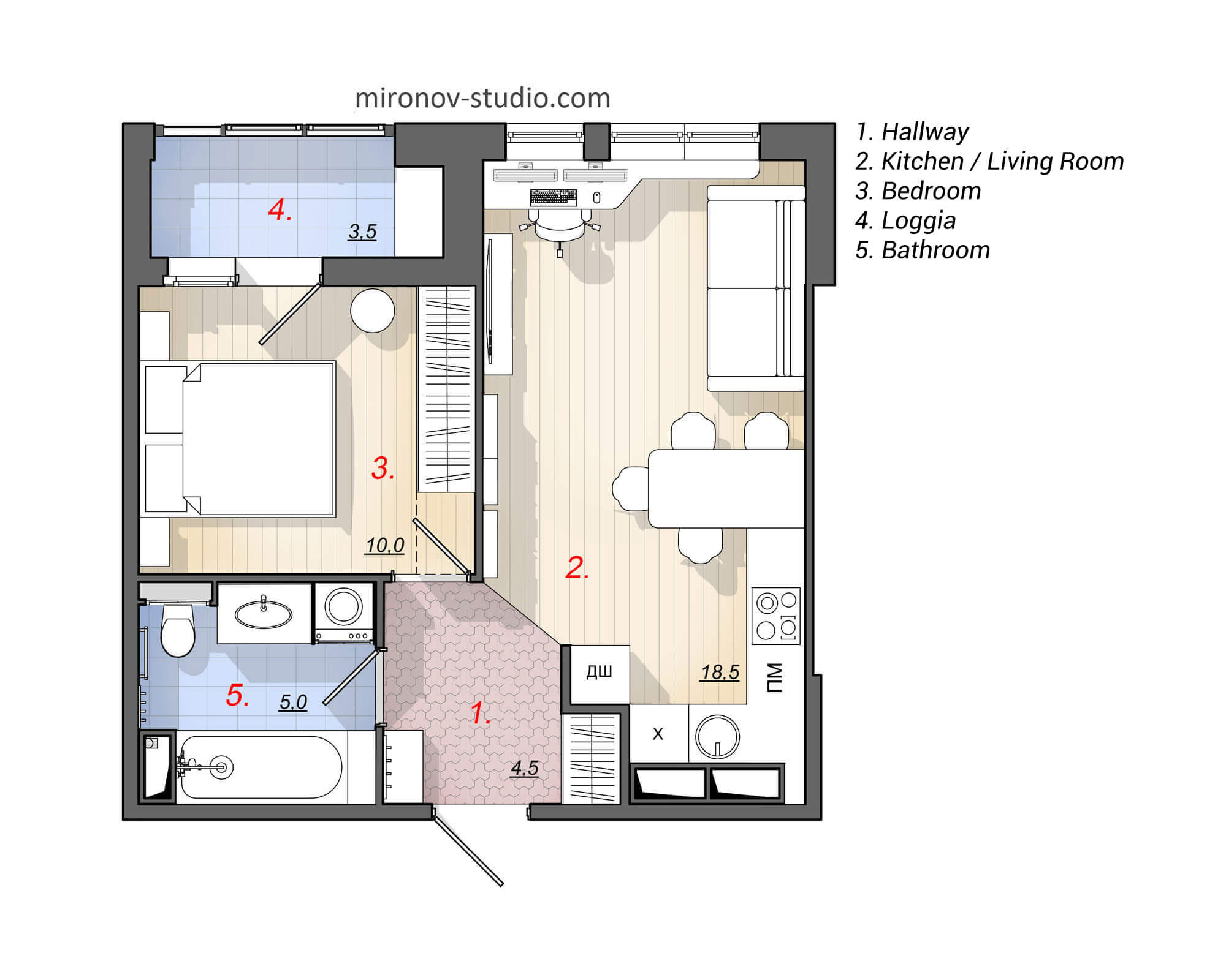 Floor Plan, Rectangular Layout of the one-bedroom apartment 42 m² 452 sq ft