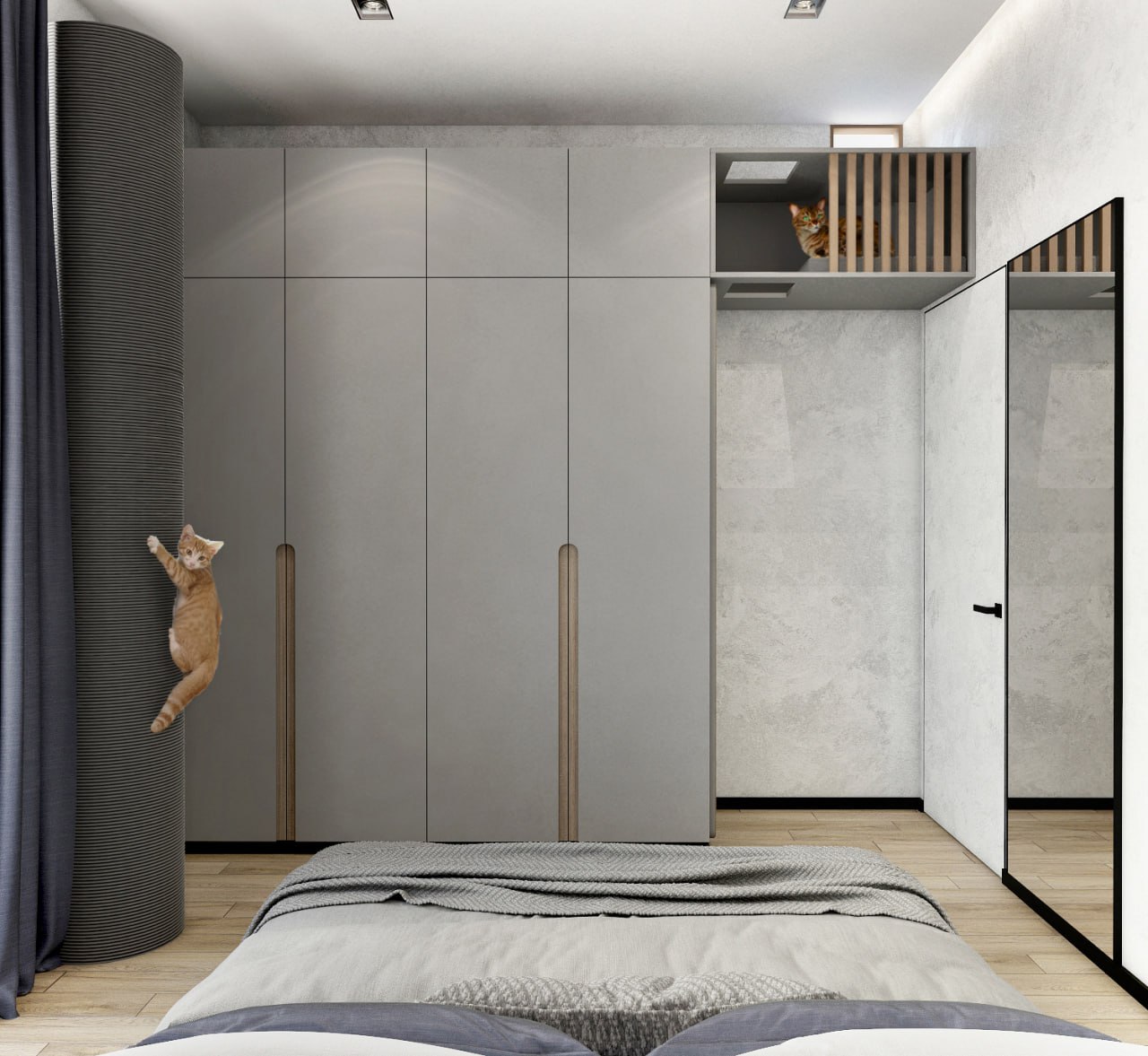 полка для кошки и когтеточка в спальне