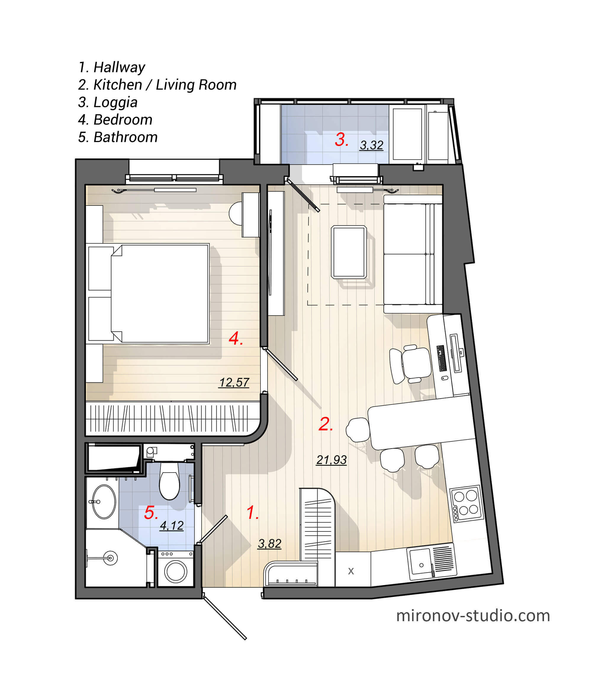 Floor Plan, Rectangular Layout of the one-bedroom apartment 46 m², 495 sq ft