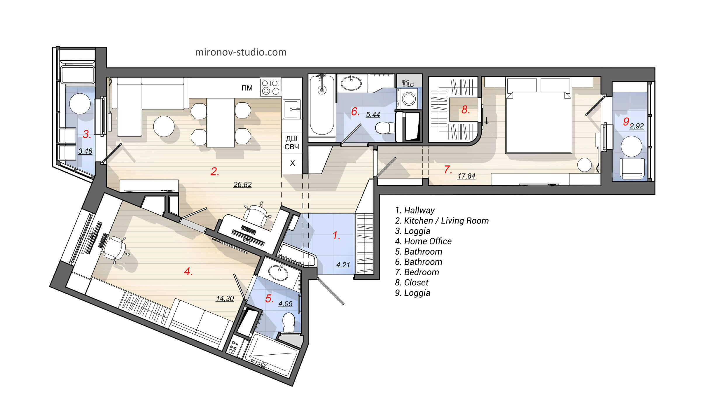 Two-bedroom apartment 80 m2, 861 sq ft layout, floor plan