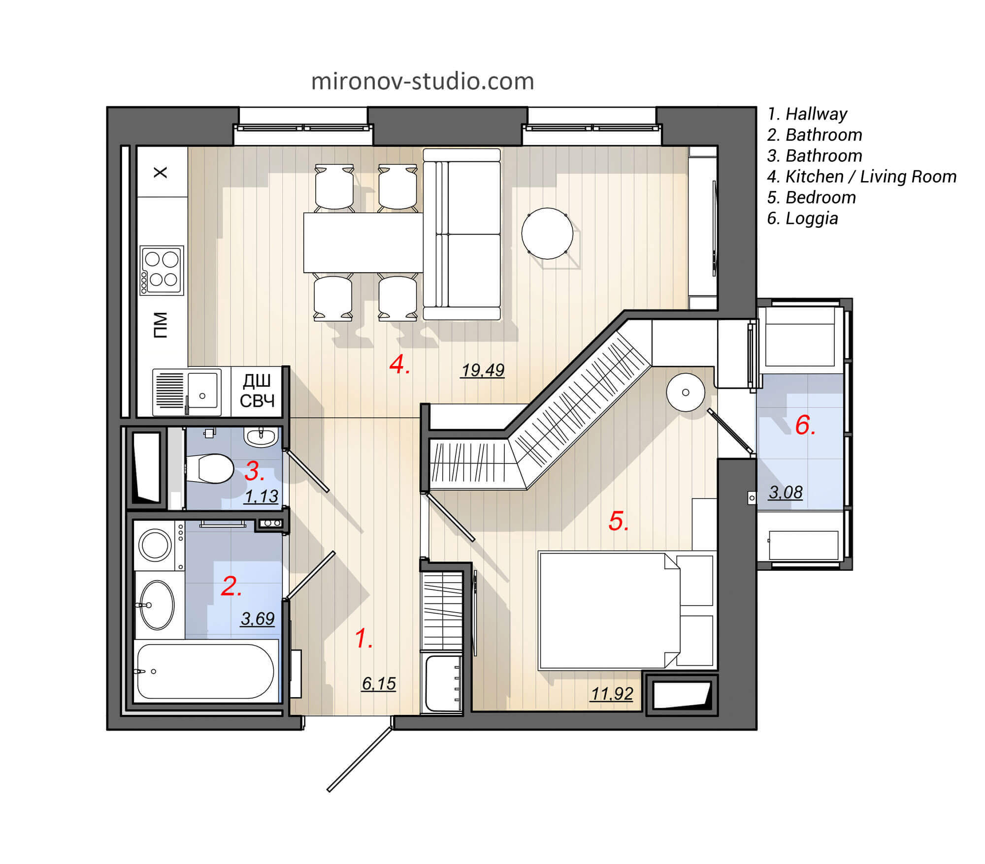 Layout of the one-bedroom apartment 46 m²