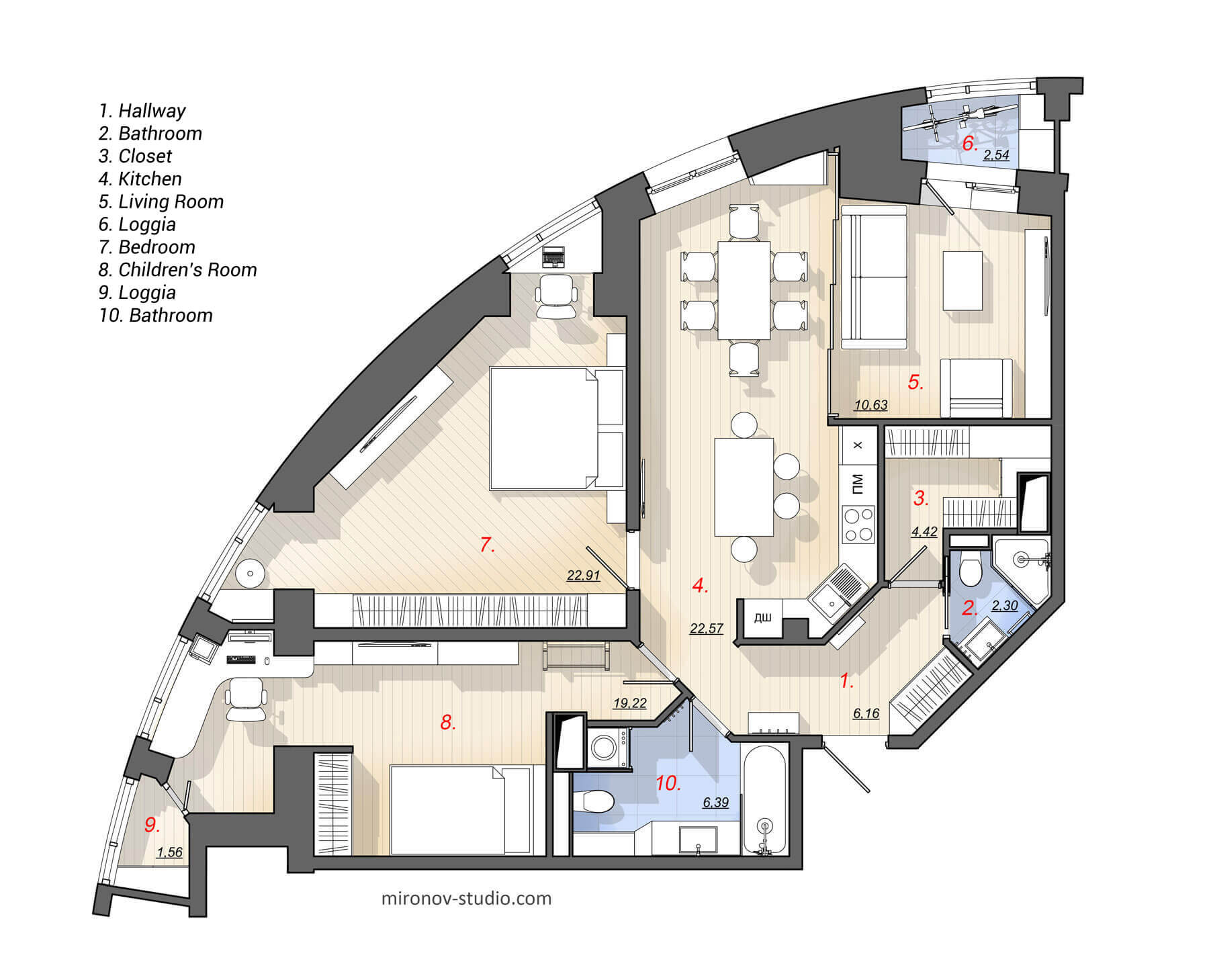 Layout, Floor plan of a two-bedroom apartment 98 m², 1054 sq ft