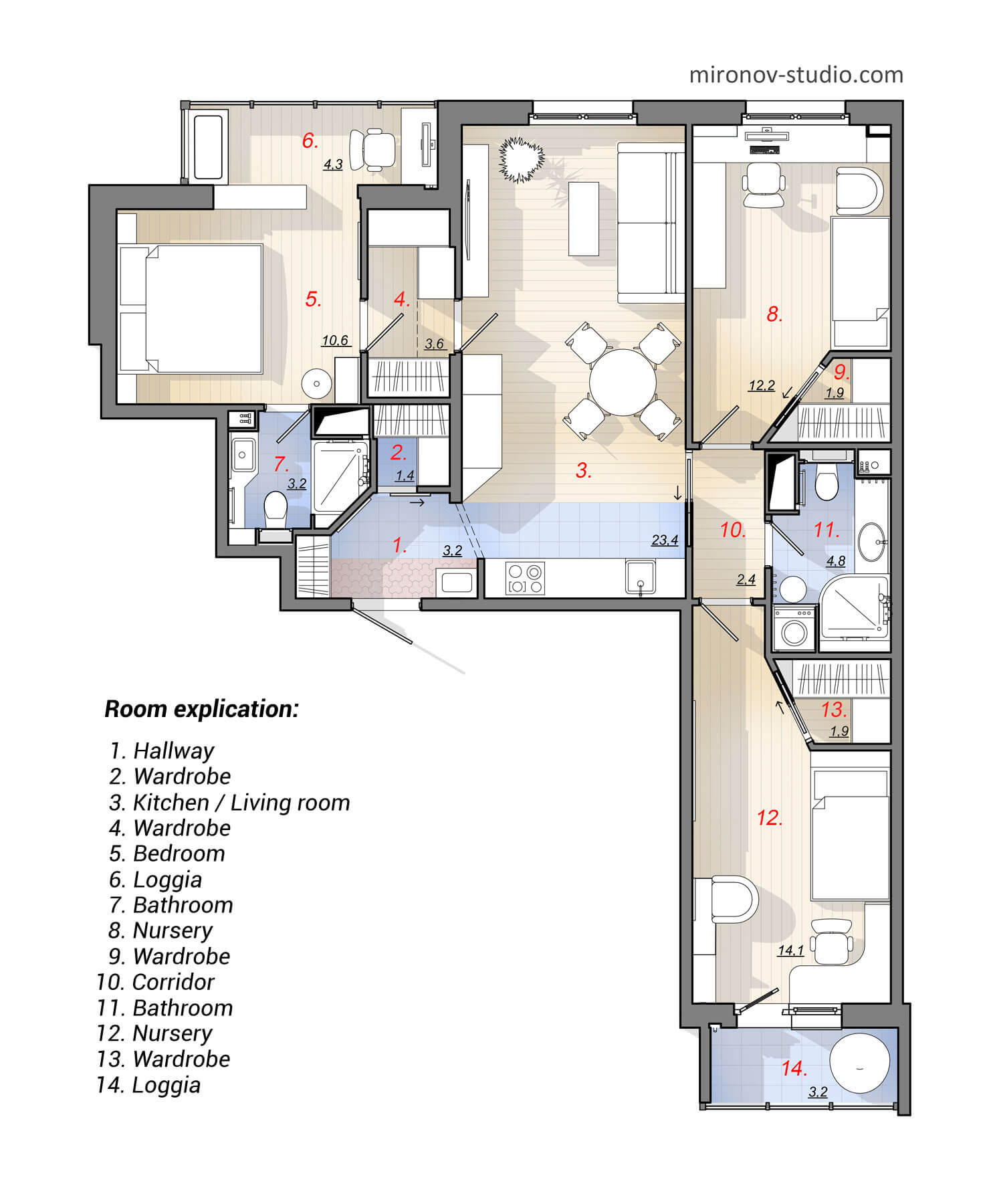 Plan after remodeling a 90 sq. m. apartment with two children's rooms