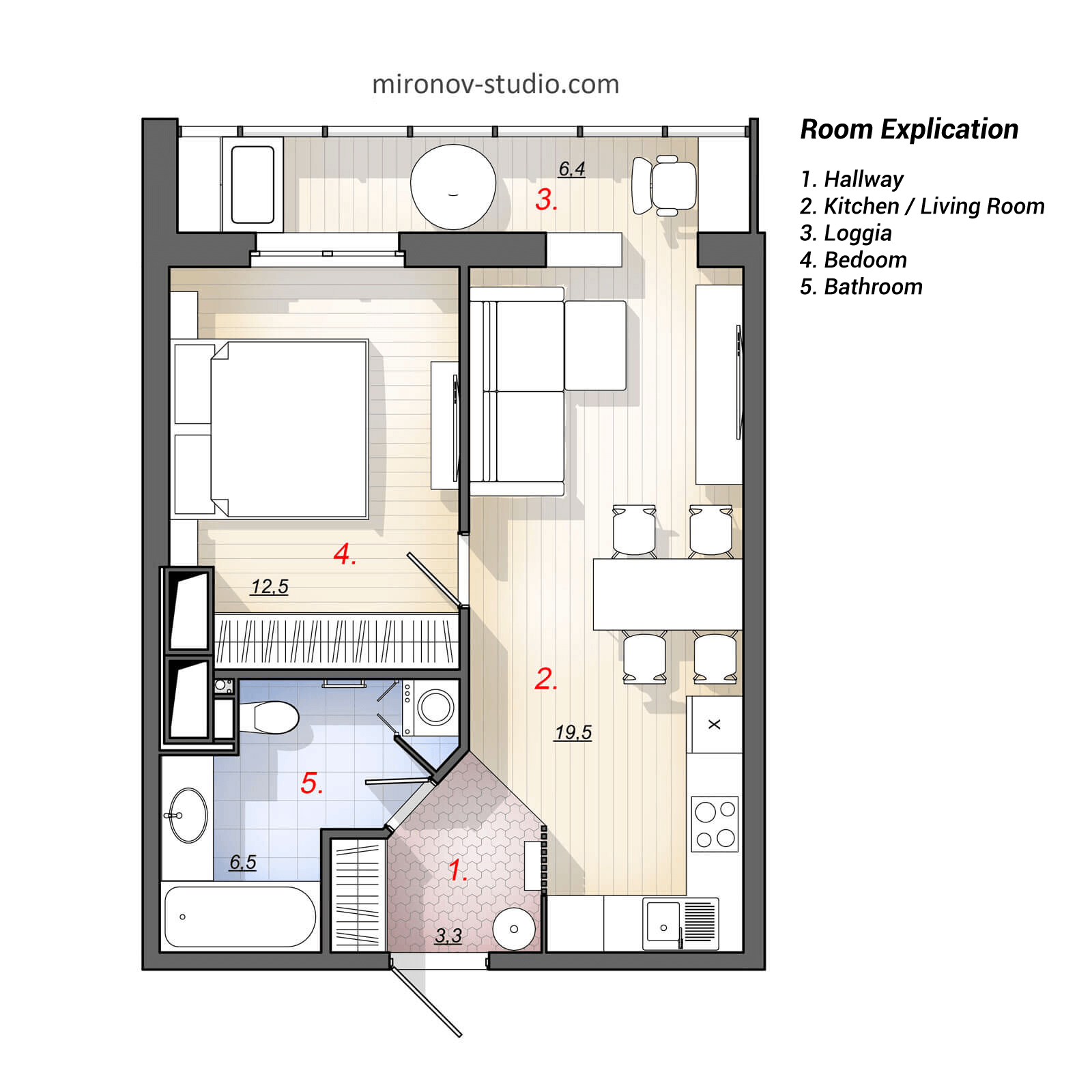 floor plan, rectangular layout with furniture arrangement оf an one-bedroom apartment 45 m² 484 sq ft
