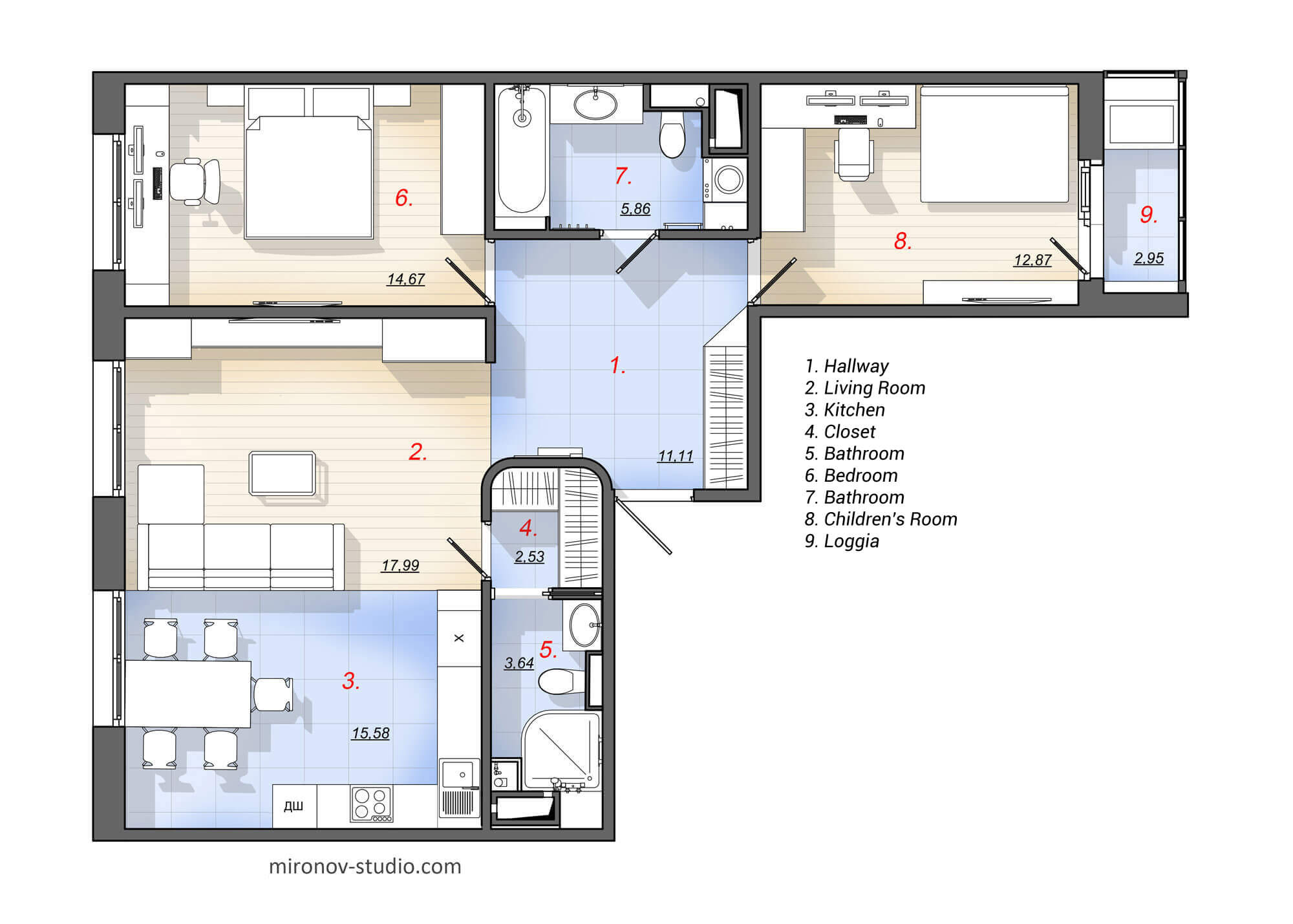 Layout of a two-bedroom apartment 87 m², 936 sq ft