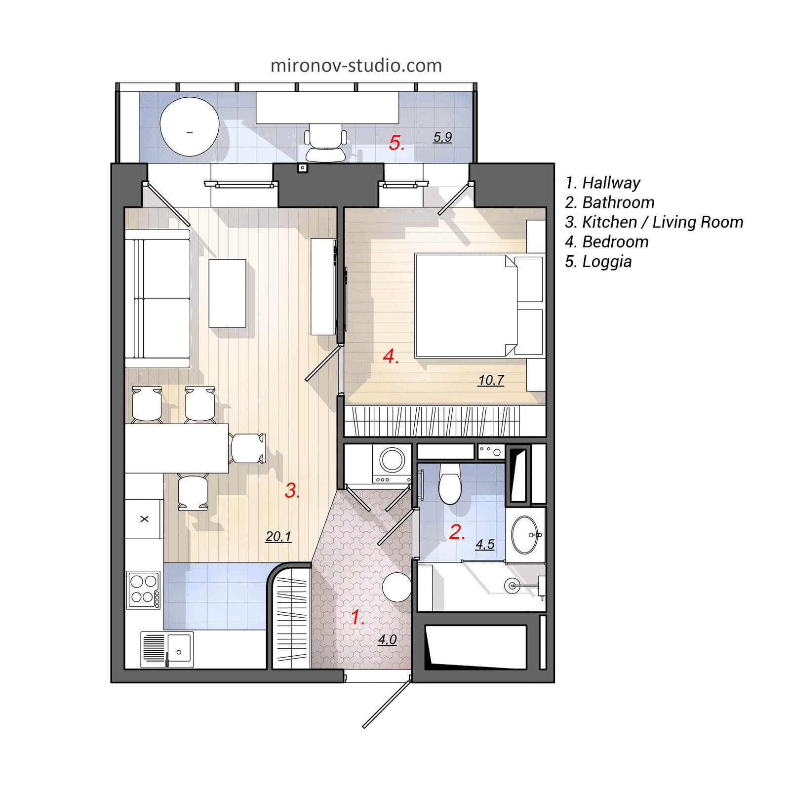 One-bedroom apartment 47 sqm 505 sq ft layout, floor plan