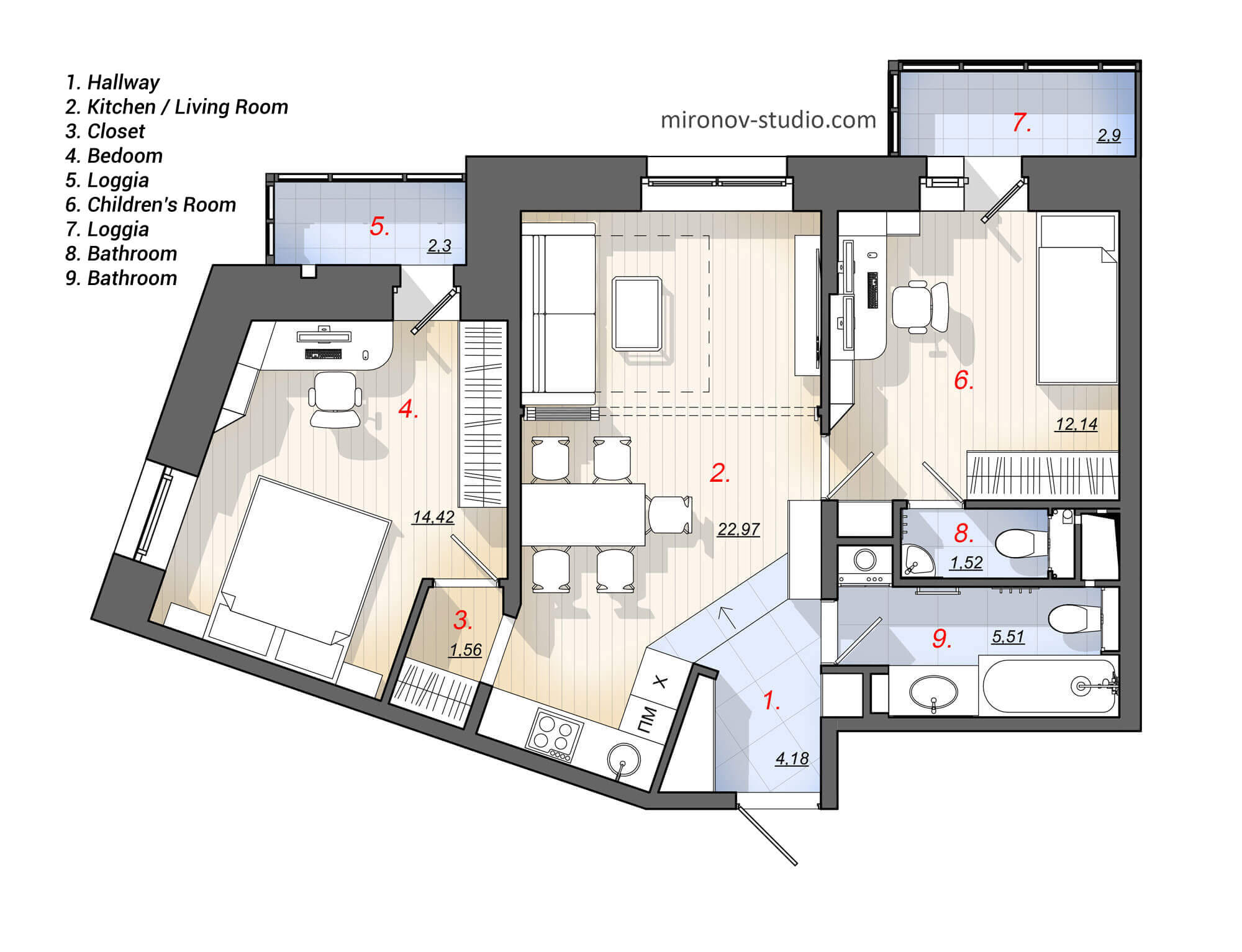 Two-bedroom Apartment 62 sq.m 667 sq ft. Layout, Floor Plan