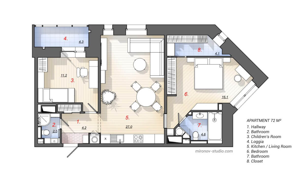 Floor plan, layout one bedroom apartment 72 m2, 775 sq ft