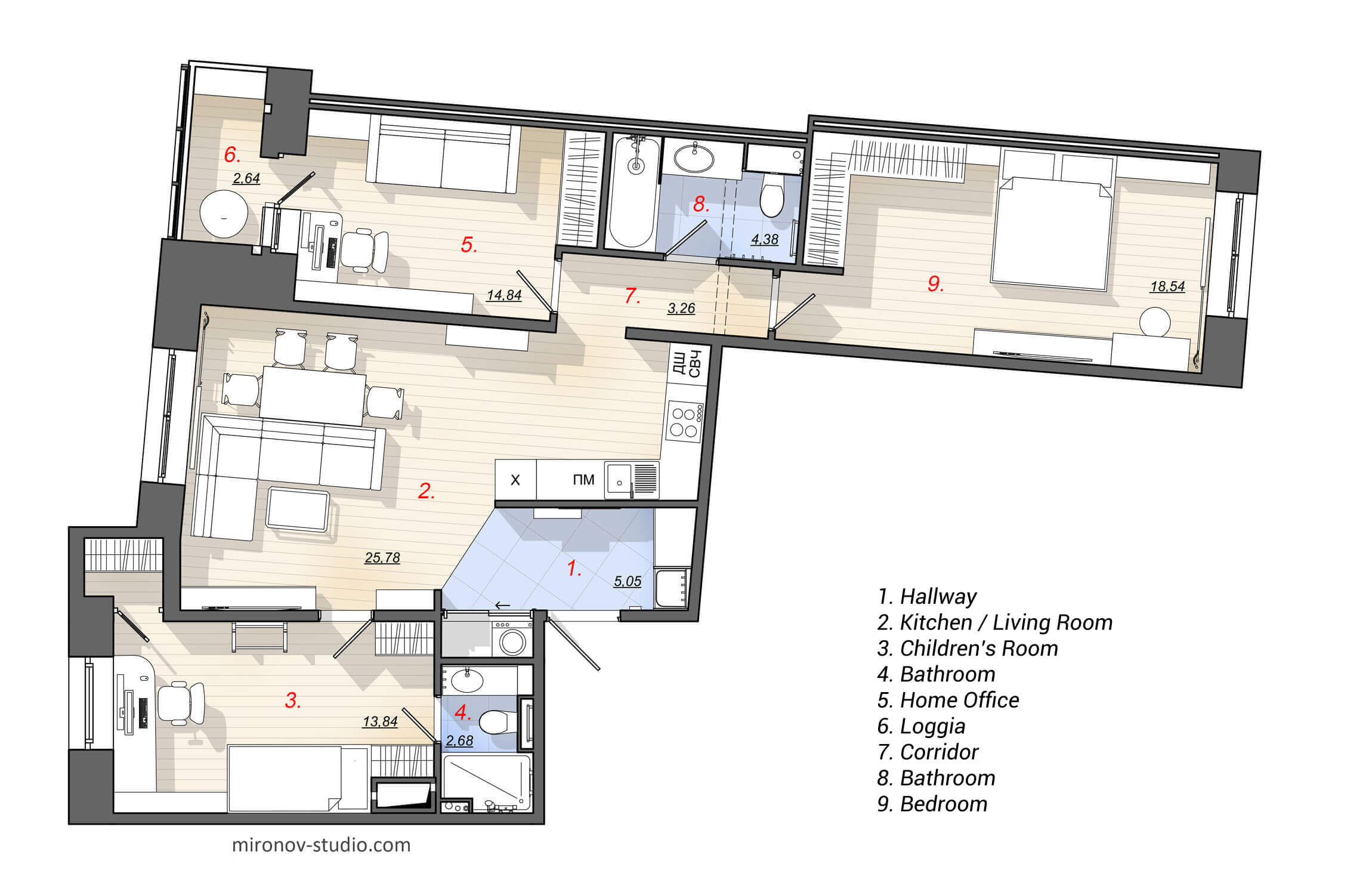 Floor Plan, Layout of a three-bedroom apartment 89 m², 958 sq ft