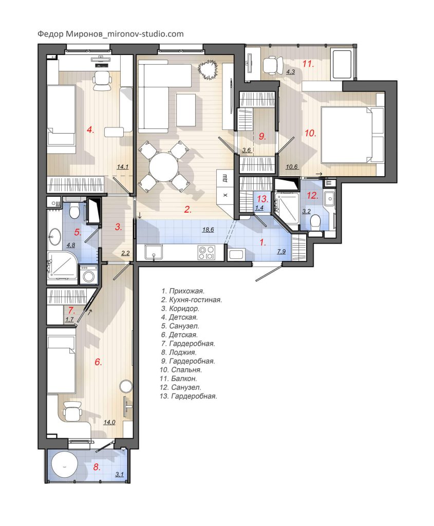 Дизайн 4-комнатной квартиры 90 м² с двумя детскими в современном стиле ...