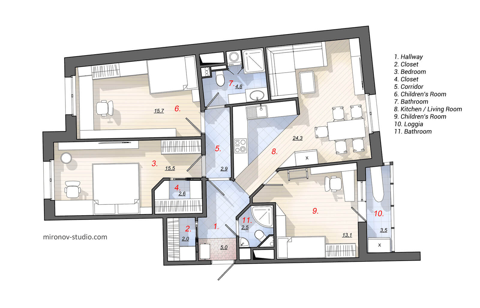 Floor Plan, Layout of a three-bedroom apartment 92 m², 990 sq ft, for a family with two children