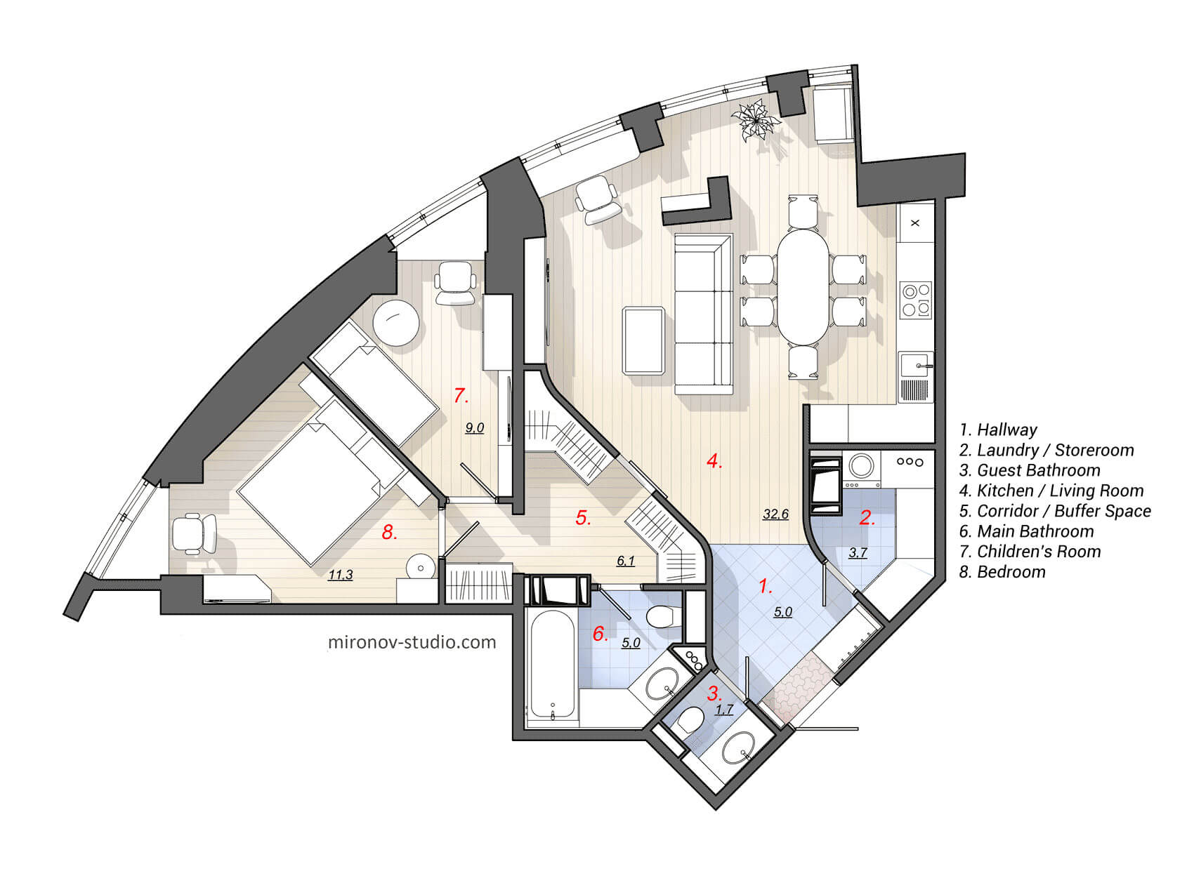 Layout of a two-bedroom apartment 71 m²