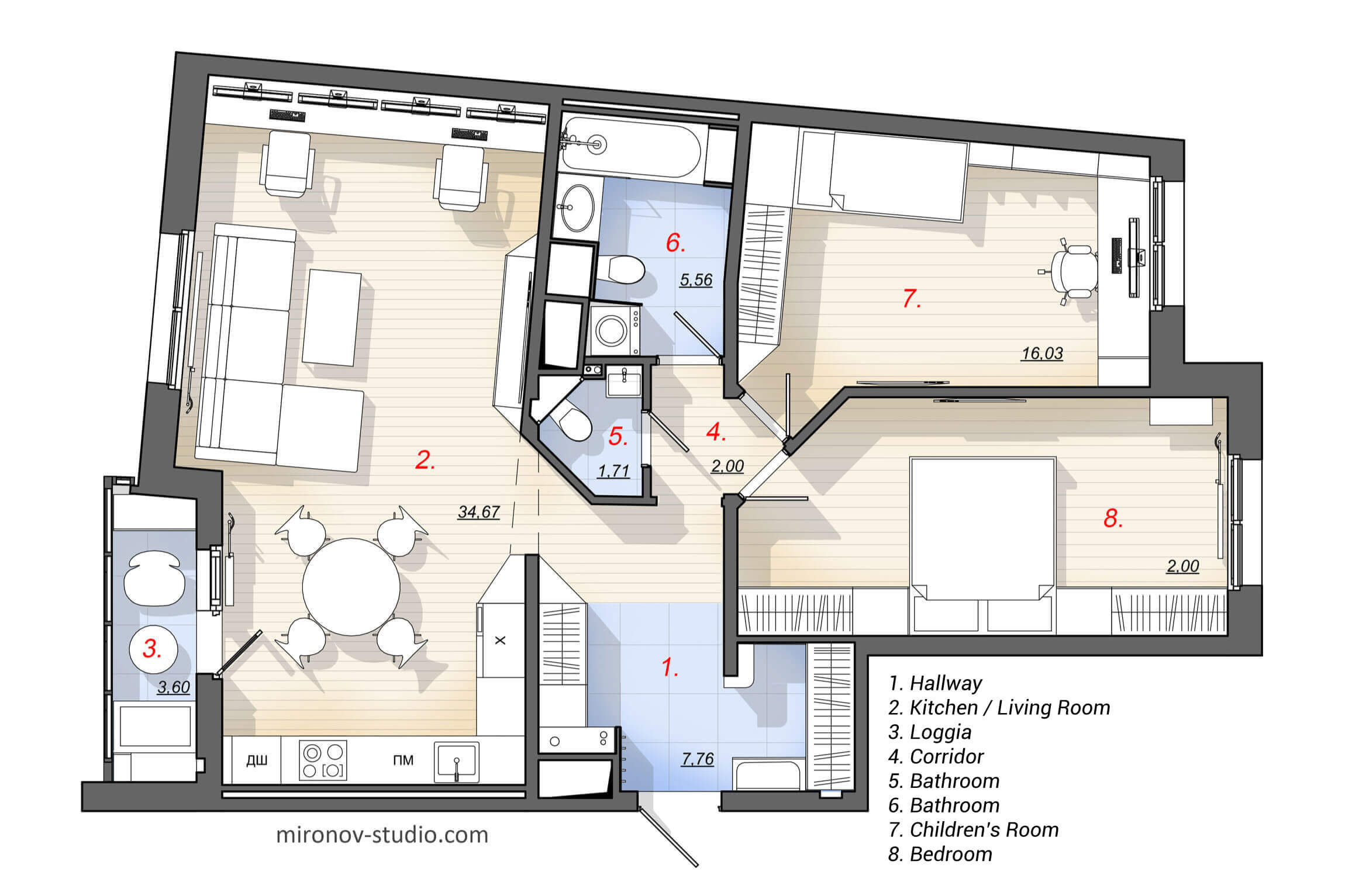 91 m² two-bedroom apartment layout, floor plan