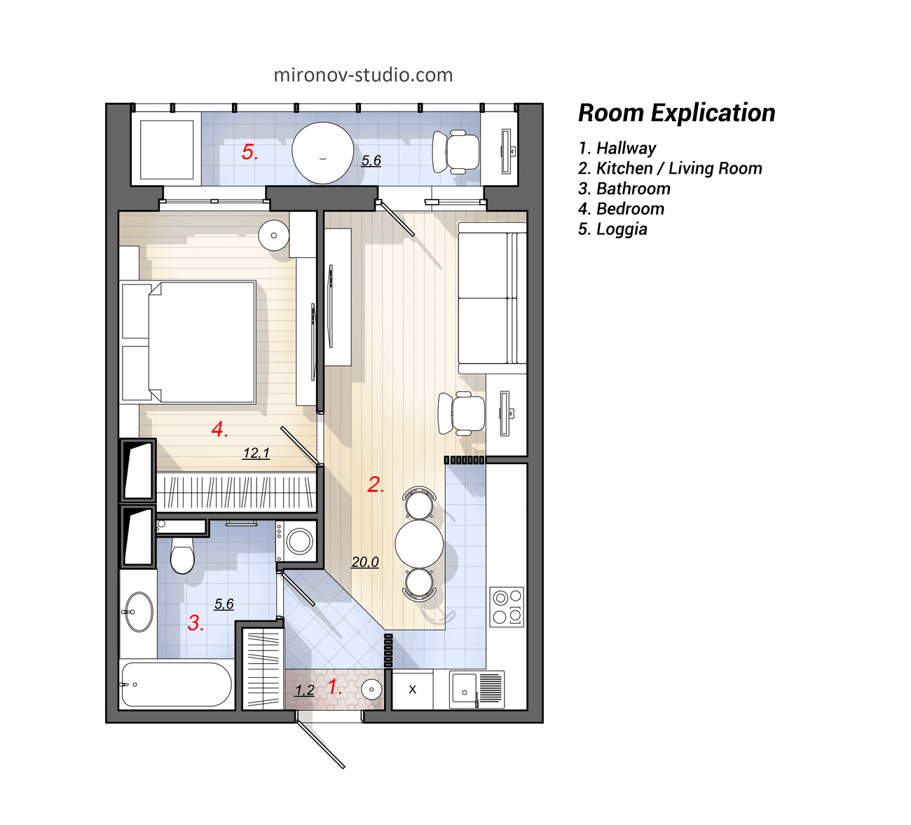 layout with furniture arrangement оf an one-bedroom apartment 47 m²