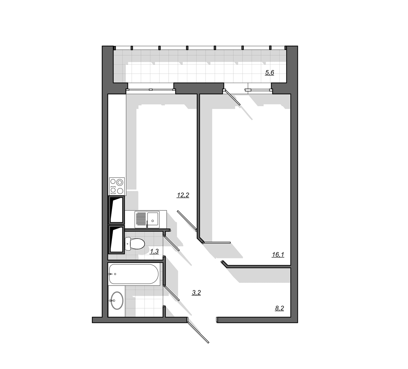 Типовая планировка однокомнатной квартиры 47 м2 в новостройке жк Приморский квартал