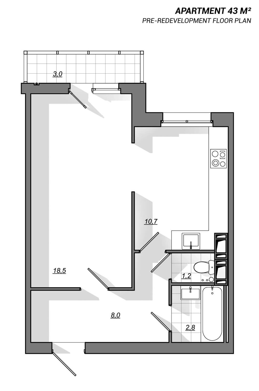 Apartment 43 m2, floor plan, rectangular layout before renovation