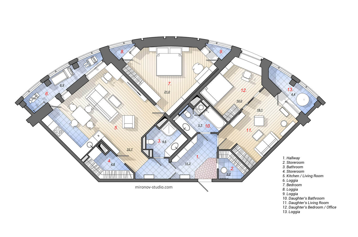 Floor Plan, Layout of a three-bedroom apartment 109 m², 1173 sq ft