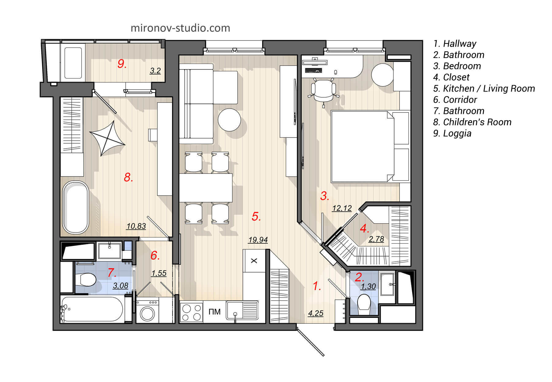 Floor Plan, Rectangular Layout of a Two-Bedroom Apartment 61 sqm, 656 sq ft, With a Children's Room