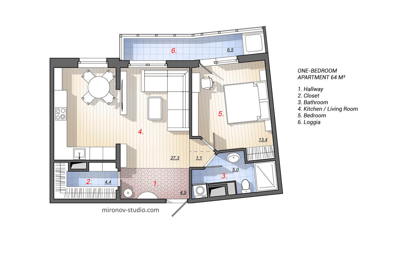 Floor plan, layout one bedroom apartment 64 m2, 689 sq ft